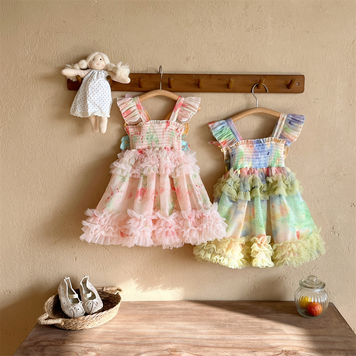 Girls Summer Dress Kidsren's Butterfly Wings Suspender Skirt Summer Girl Summer Dress Princess Mesh Wrinkled Gauze Skirt