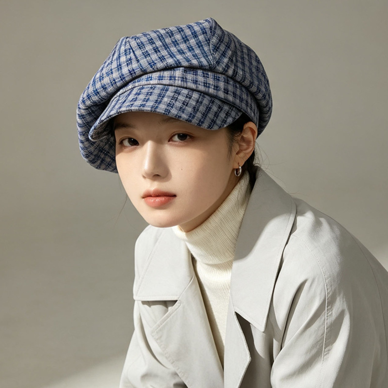 여성 체크 베레모 사계절 데일리 코디 조절 가능한 빈티지 화가 모자