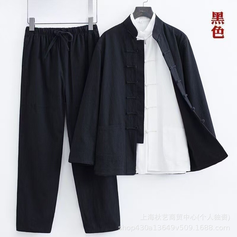 Men's Tang Suit Cotton and Linen Two-Piece Set, Traditional Chinese Style with Retro Button Design, Suitable for Middle-Aged and Elderly Men, Layman's Clothing, Tea Attire
