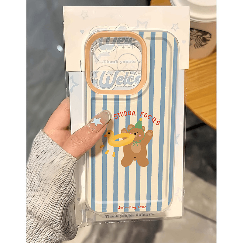 Striped Swimming Ring Bear Suitable for Iphone16/14/13 Mobile Phone Case 12Promax Soft 16 Female XS Apple 11Xr