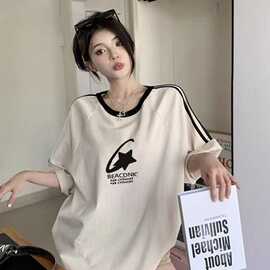 100%纯棉美式三条杠宽松短袖t恤女2026夏季新款百搭学生ins上衣服