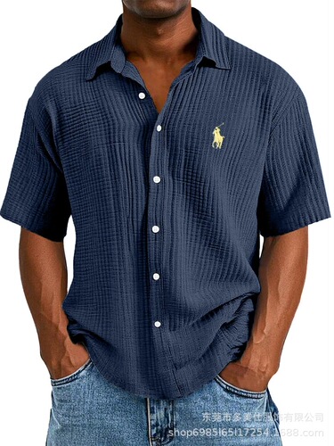 TikTok Temu 2025 New Cross-border Plus Size Embroidered Shirt for Men, Loose Pure Cotton Short Sleeve Collar Shirt