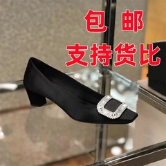 スクエアバックルシングルシューズ 2025 クラシック R ブラック V 多用途浅い口シルクサテンスクエアトゥ太いヒール怠惰なスリッポン女性の靴