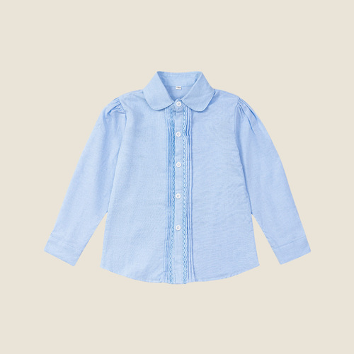 Children's Shirts Light Blue Lace Ruffle Long Sleeve English Style Embroidered White Collar Guoguo Class Unisex Children's Shirts Casual