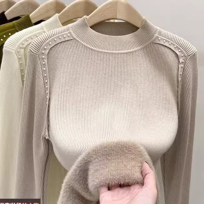 Mink Velvet Sweater Fleece-Lined Thickeneded Bottoming Shirt for Women Autumn and Winter New Style Warm Design Niche Knitted Top