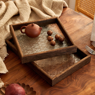 Cross-border Japanese Retro Begonia Embossed Glass Tea Tray Solid Wood Rectangular Storage Flat Plate Photography Props Ornaments