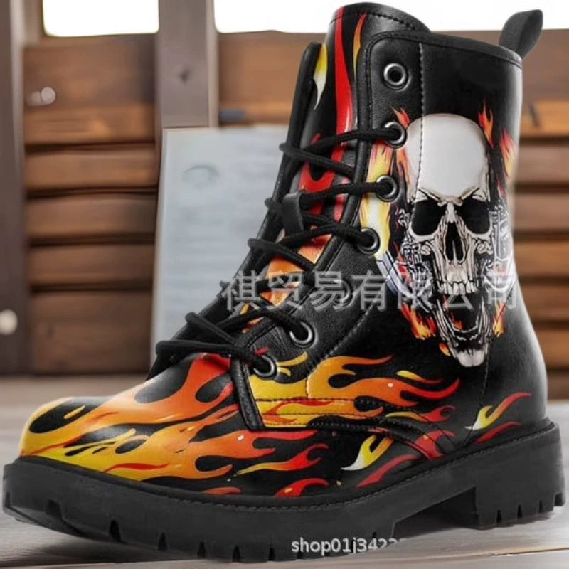 Wish Европейский и Американский Хэллоуин Череп Розы с принтом с круглой головкой плоский каблуки нескользящая шнуровка Мартин сапоги большого размера