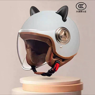 Motosiklet kaskı (dəbilqə) – for Men and Women, Universal for - 801-new-national-standard-class-a-3c-certification-cement-gray-long-mirror-black-rabbit-ears-free-size