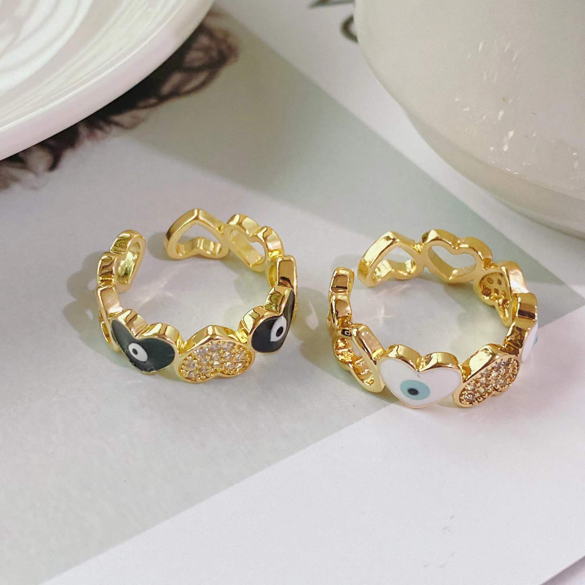 fashion trend ring 18k gold-plated oil drop diamonds heart-shaped eyes open ring