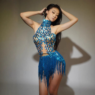 Ready-Made Halter Neck Design Sexy Short Skirt Cut Out Mesh See-Through Banquet Company Dinner Party Stage Performance Clothing