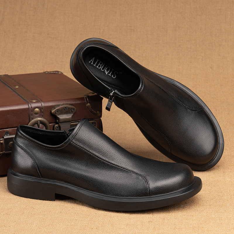 男士單層低幫翻邊休閒頭層牛皮皮鞋側拉鏈軟皮軟底正裝商務皮鞋