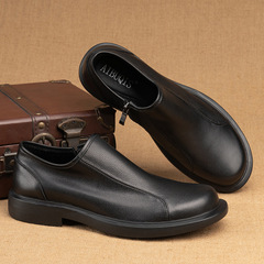 男士單層低幫翻邊休閒頭層牛皮皮鞋側拉鏈軟皮軟底正裝商務皮鞋