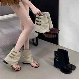 凉靴女短筒靴子2025夏季新款粗跟高跟短靴露趾罗马凉鞋夹脚趾女靴