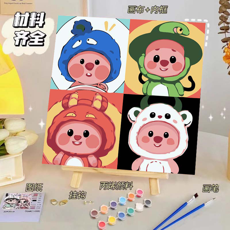 Pintura al óleo digital de bricolaje, dibujos animados para niños, pinturas para colorear hechas a mano, lindos puestos de animación curativos, comercio exterior transfronterizo