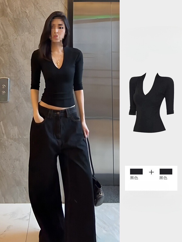 Hot Girl Style V-Neck Black T-Shirt for Women, New Autumn Model, Unique and Chic, Slim Fit, Mid-Sleeve, Short Top