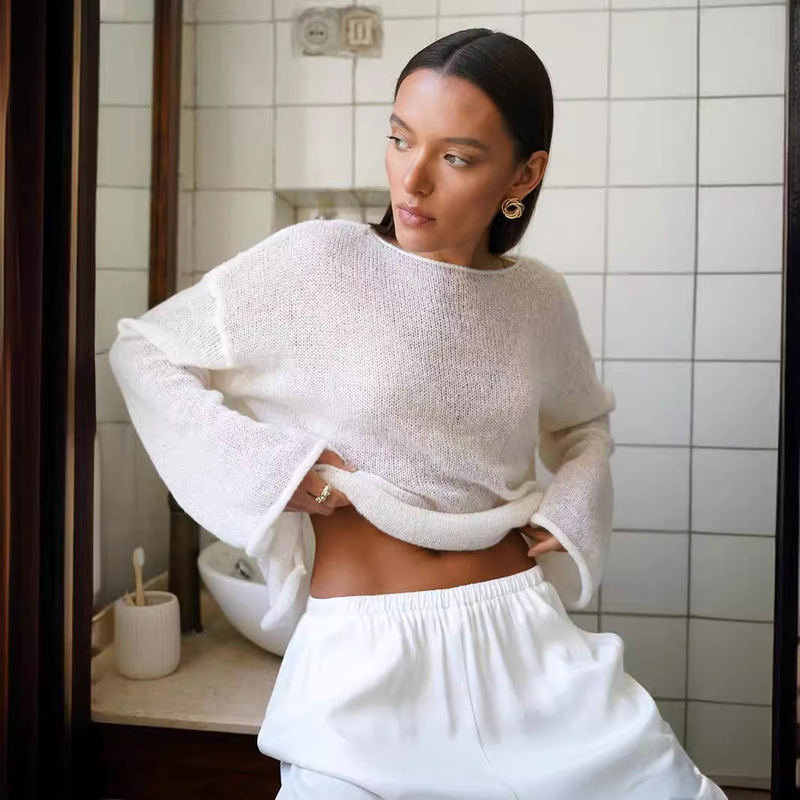 Cross-border Hollow-out Knitted Shirt European and American 2025 Spring and Summer New Women's Perspective Thin Large Round Neck Horn Sleeve Knitted T-shirt Cross-border Hollow-out Knitted Shirt European and American 2025 Spring and Summer New Women's Perspective Thin Large Round Neck Horn Sleeve Knitted T-shirt