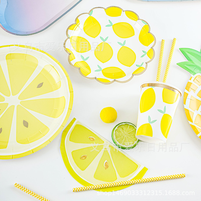 Bronzing Yellow Lemon Paper Tray Paper Cup Tissue Easter Party Paper Dish Disposable Party Tableware suit