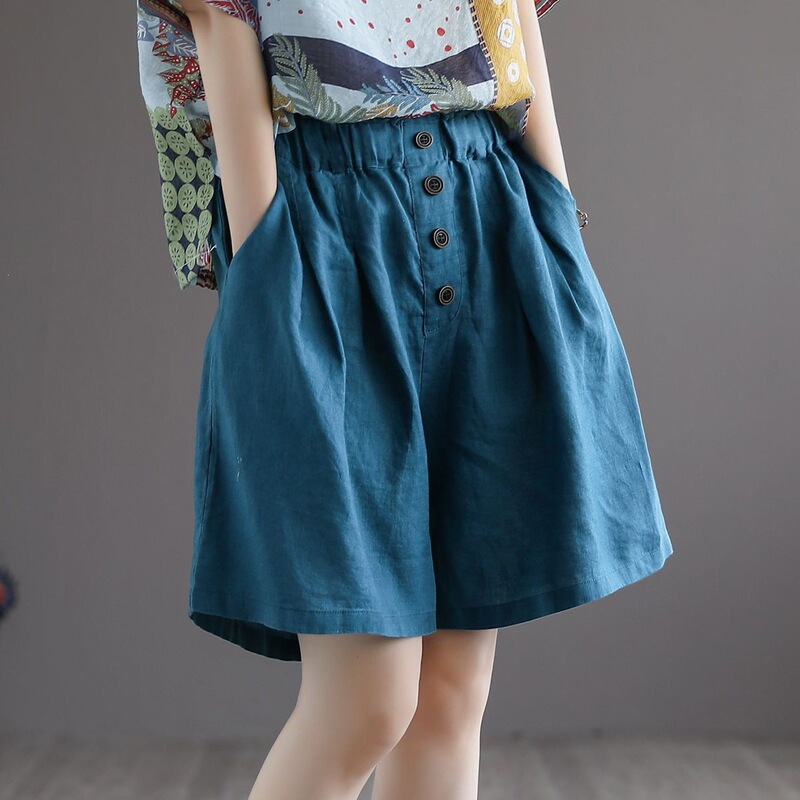 Vintage-Style Pure Cotton Shorts for Women, Summer Thin Loose Fit, Plus-Size Buttoned Cotton-Linen Wide-Leg Casual Shorts, Trendy Five-Point Pants Vintage-Style Pure Cotton Shorts for Women, Summer Thin Loose Fit, Plus-Size Buttoned Cotton-Linen Wide-Leg Casual Shorts, Trendy Five-Point Pants