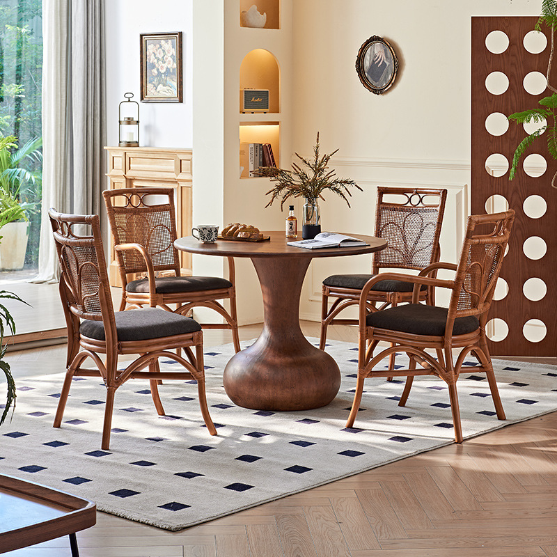 New Chinese Style Restaurant Solid Wood Dining Table Rattan Chair Combination B&B Small Apartment Wabi-Sabi Style Complete Set of Dining Table and Chairs Five-Piece Set