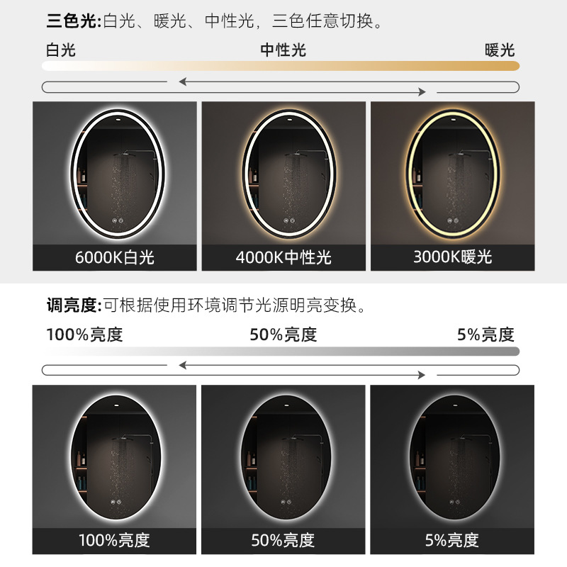 Espejo ovalado para baño, espejo de tocador montado en la pared, espejo de maquillaje para tocador con luz y desempañador, espejo para baño