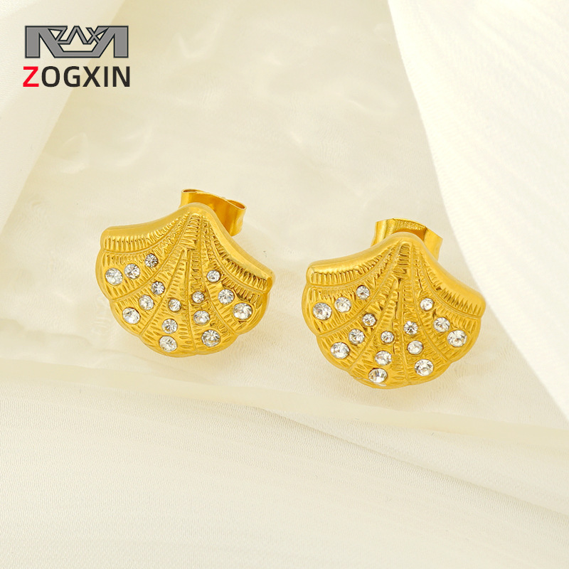 Cross-border estilo europeo y americano INS Luz de lujo de acero inoxidable Stud pendientes hembra 18K Shell diamante-incrustado de titanio de acero de la oreja hueso Stud pendientes hembra