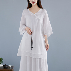 2025夏秋新款文艺棉麻宽松佛系仙气茶艺服中式汉服禅意禅服套装