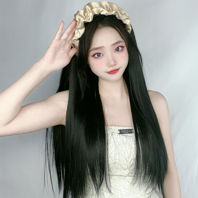 Tiktok popular nube diadema peluca femenina uno UV de alta temperatura de seda media cabeza cubierta nuevo internet celebridad pelo largo y recto en stock