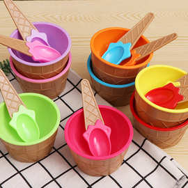 糖果色创意冰淇淋造型塑料碗甜品雪糕碗儿童双层隔热防摔碗勺套装