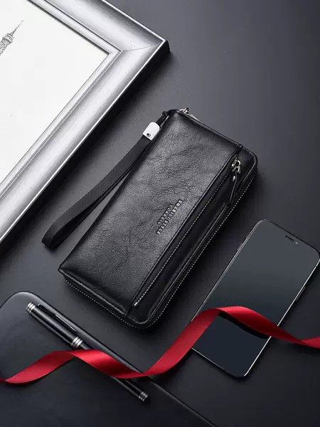 New Men's Long Wallet Exterior Card Drawback Men's Clutch Bag Soft Leather Zipper Youth Fashion Clutch Bag Mobile Phone Bag