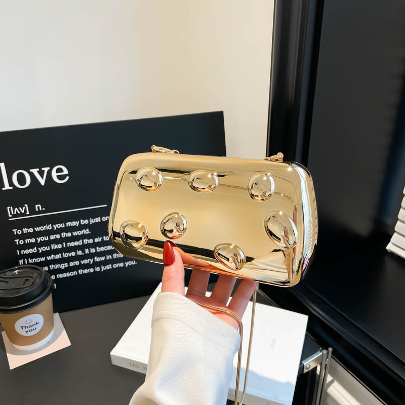 2025 New European and American Cross-Border Personalized Metallic Box Bag Inlaid with Pebbles Evening Bag Clutch Bag Versatile Single