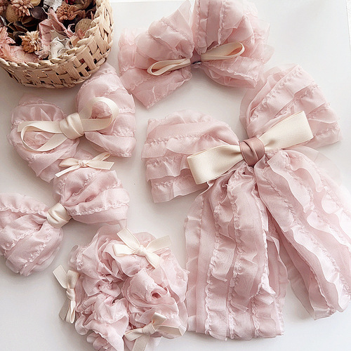 New French retro fungus edge chiffon bow children's pink girly style super fairy pressure clip hair accessories steel hair ring
