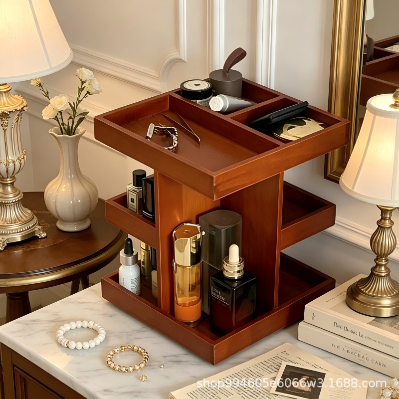 Retro style storage rack light luxury high-end wooden cosmetics storage box 360 rotatable dressing table layered organization