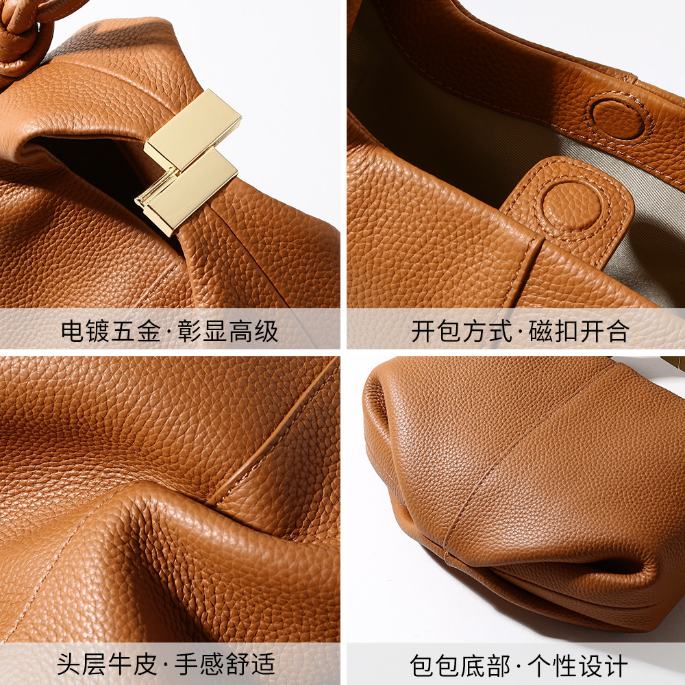 French Style Niche Genuine Leather Women's Handbag New Lychee Grain Cowhide Luxury Tote Bag Fashion Commuter Bento Bag - Thumbnail 4