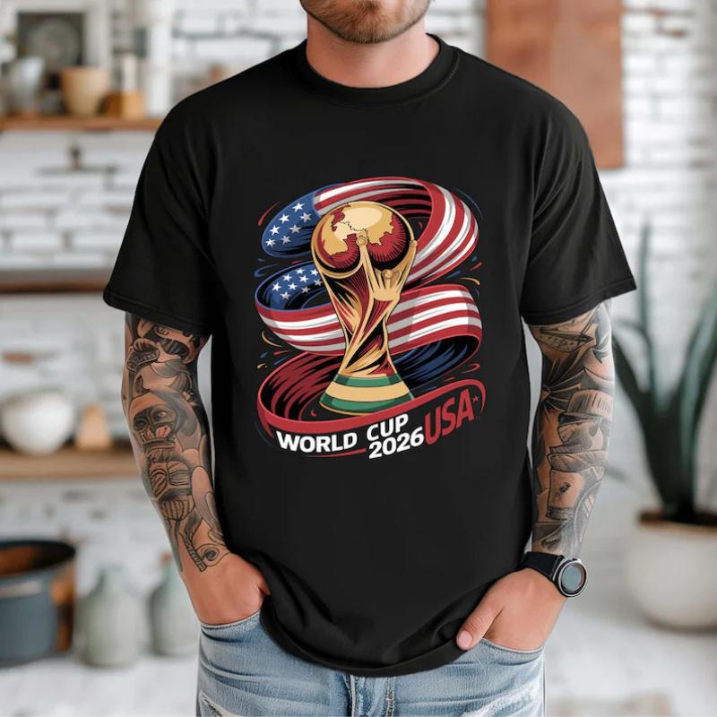 【European Size Cotton T-Shirt】New Cross-Border Usa-Canada-Mexico World Cup Fan T-Shirt with Football Elements for a Live Fan Experience