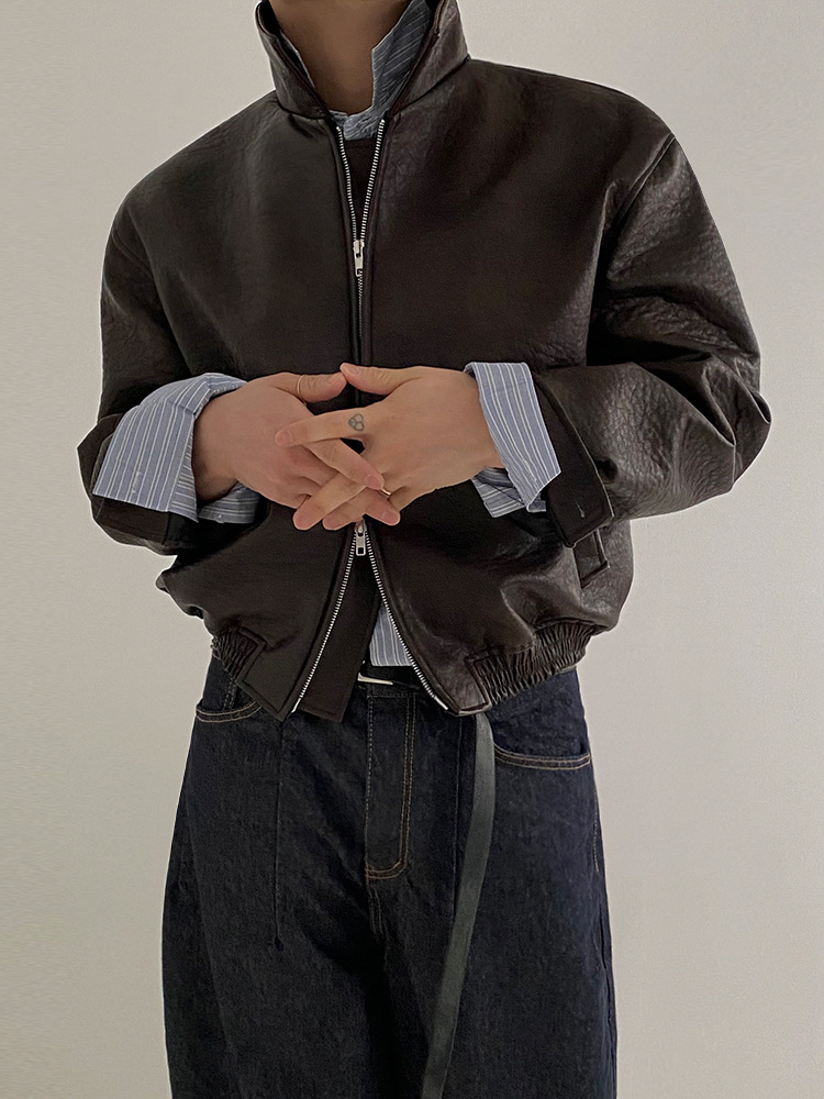 MYQ美ラードのレトロな短い革の服の男性の春のゆるい襟のコートの韓国版の潮流は古い革のジャケットをします。