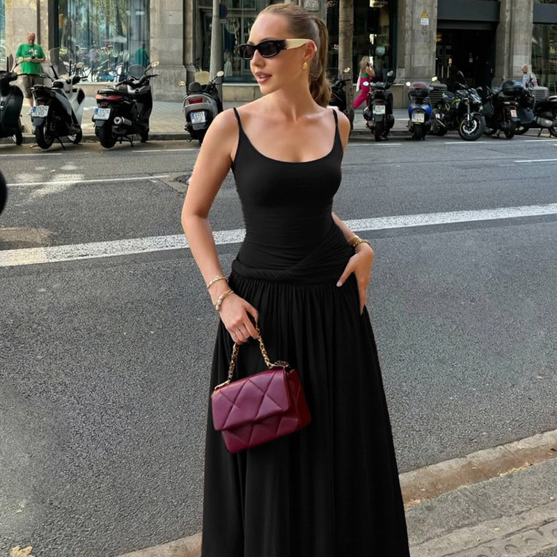 2025 verano nuevo estilo comercio exterior transfronterizo ropa de mujer vestido de tirantes sexy francés cintura delgada temperamento falda larga mujer