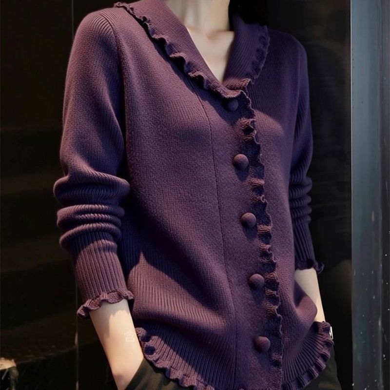 High-quality fashionable purple ruffled V-neck long-sleeve knitted women's cardigan sweater with versatile design for spring 2026