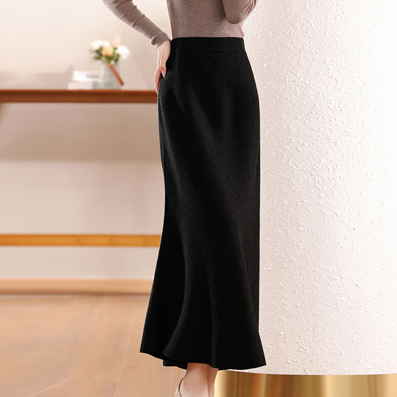 GraceChic GraceChic GraceChic 2024 Autumn Winter New Soft Versatile 100% Pure Wool Knitted Long Half Bodycon Skirt High Waist Fashion_ecoleips.com