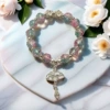AC09 Twin Lotus Fan Pink Blue Brushed Bead Bracelet