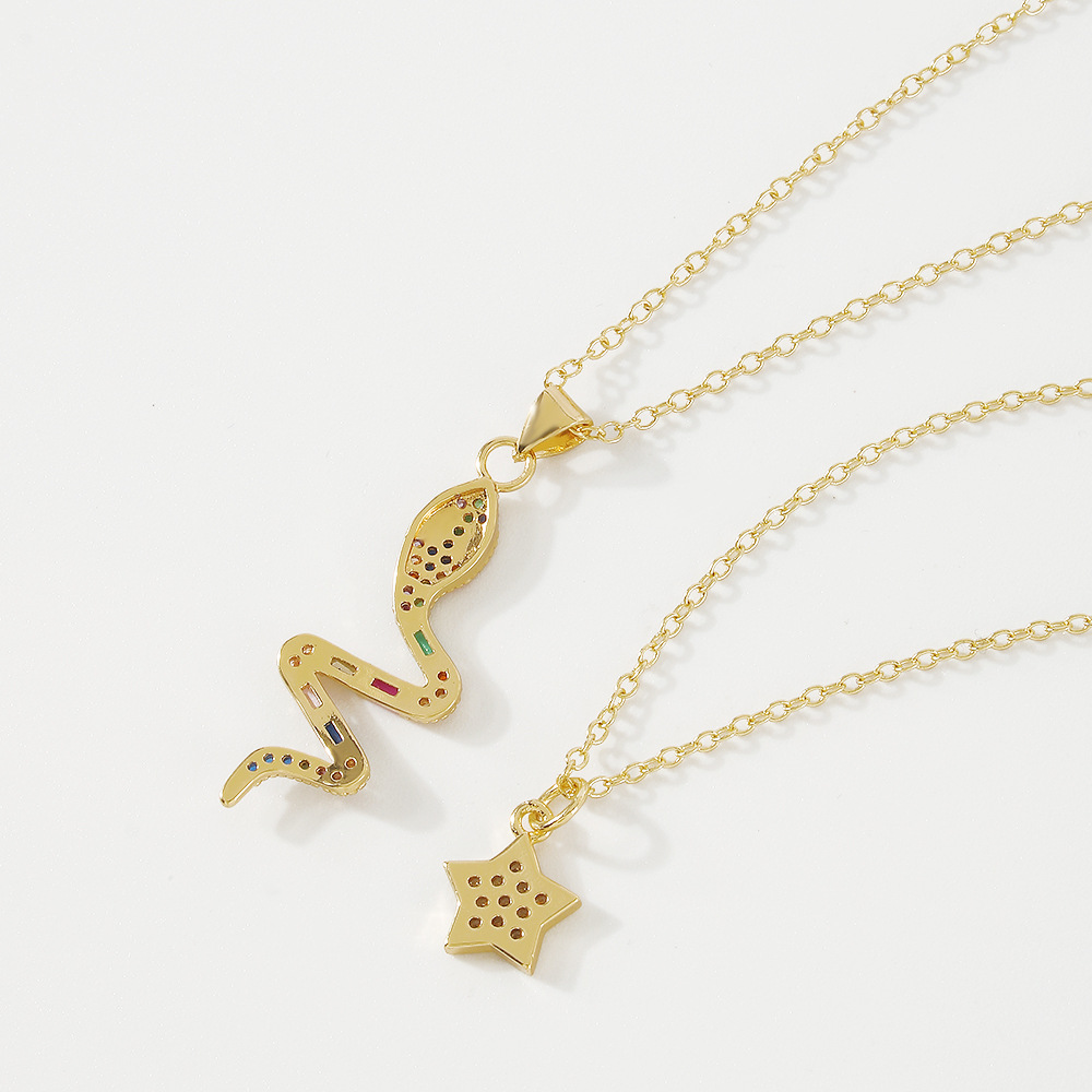 vintage exaggerated pentagram snake-shaped color zircon copper necklace wholesale