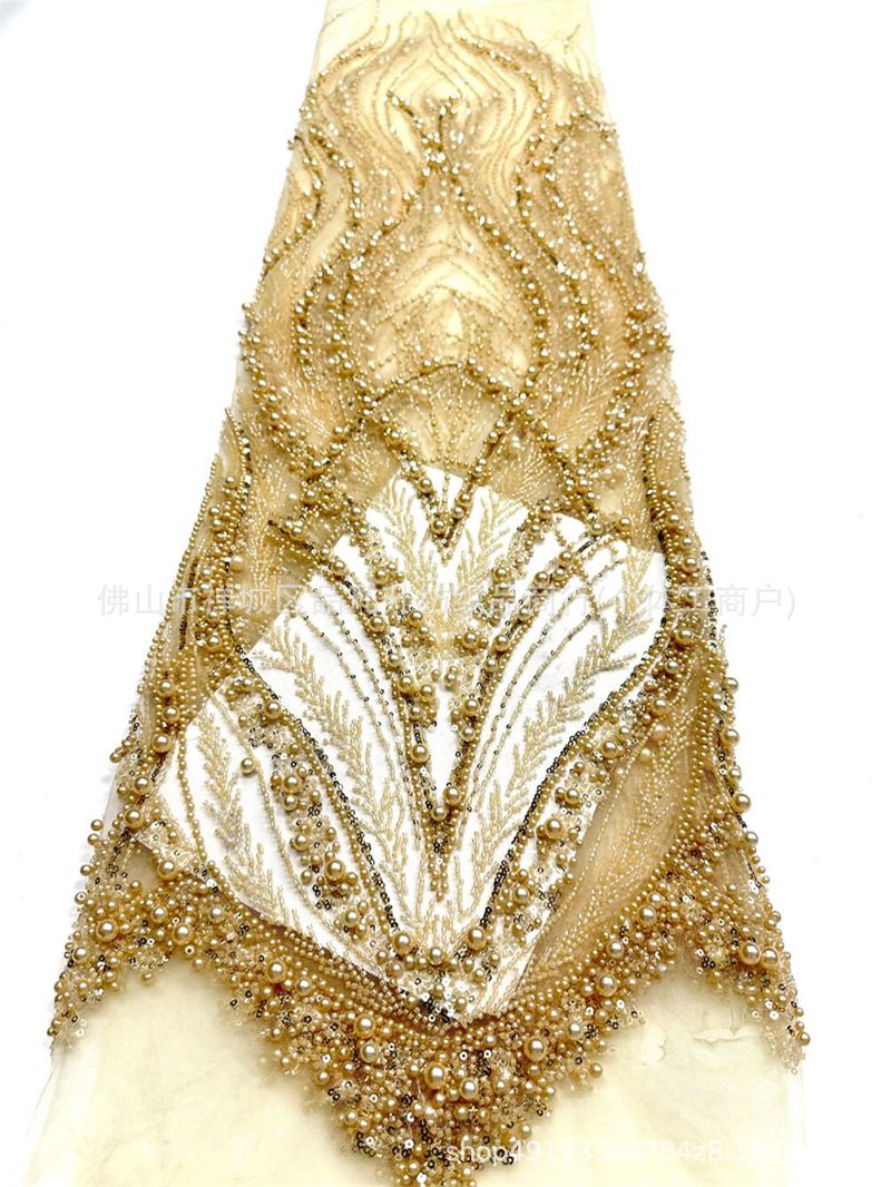 Peacock Feather Heavy Duty Pearl Pipe Mesh Fabric Fonytail Clavado a mano Beads Fishtail vestido de boda tela