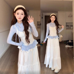 甜美芭蕾风拼接吊带长袖t恤女秋季小个子气质荷叶边显身材上衣潮