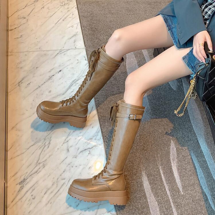 Reuzenbeen Lange knappe voorkant vetersluiting effen kleur ridderlaarzen dames nieuwe dikke zool maar knie afslankende lange laarzen hoge laarzen trendy_voghion.com