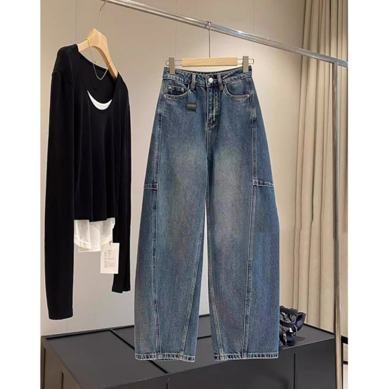 Plus-Size Curved Hem Pants for Women 2025 New Spring and Autumn Jeans Petite High-Waisted Loose Fit Banana Pants Sickle Pants