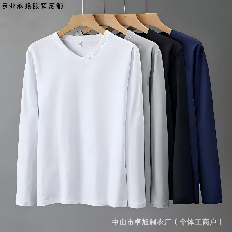 Simple solid color long-sleeve T-shirt, autumn heavy-weight pure cotton, loose fit, custom-made, European and American cross-border pullover V-neck T-shirt for young men Simple solid color long-sleeve T-shirt, autumn heavy-weight pure cotton, loose fit, custom-made, European and American cross-border pullover V-neck T-shirt for young men