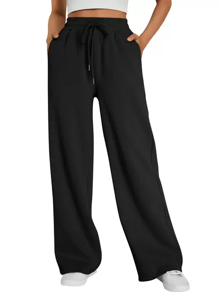 Cross-Border European and American Autumn and Winter Fleece-Lined Sweatpants for Women, Solid Color Loose Straight-Leg Pants, Elastic Waist Casual Pants, In-Stock Wholesale