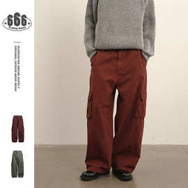 OUSWE美式潮流复古水洗工装裤宽松大口袋男女情侣全棉阔腿裤RK168
