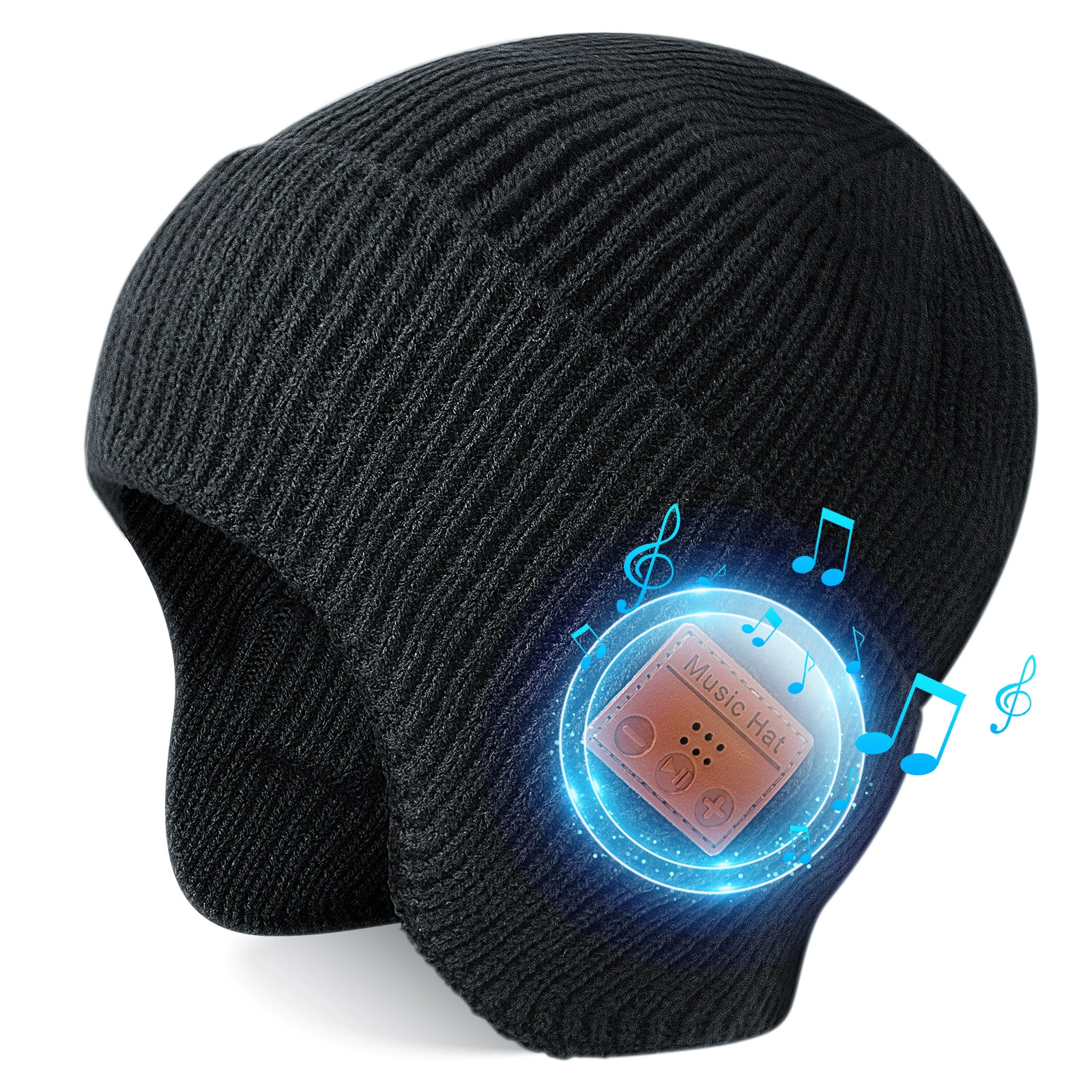 Bluetooth beanie hat with LED light and built‑in headphones, warm knit, lightweight