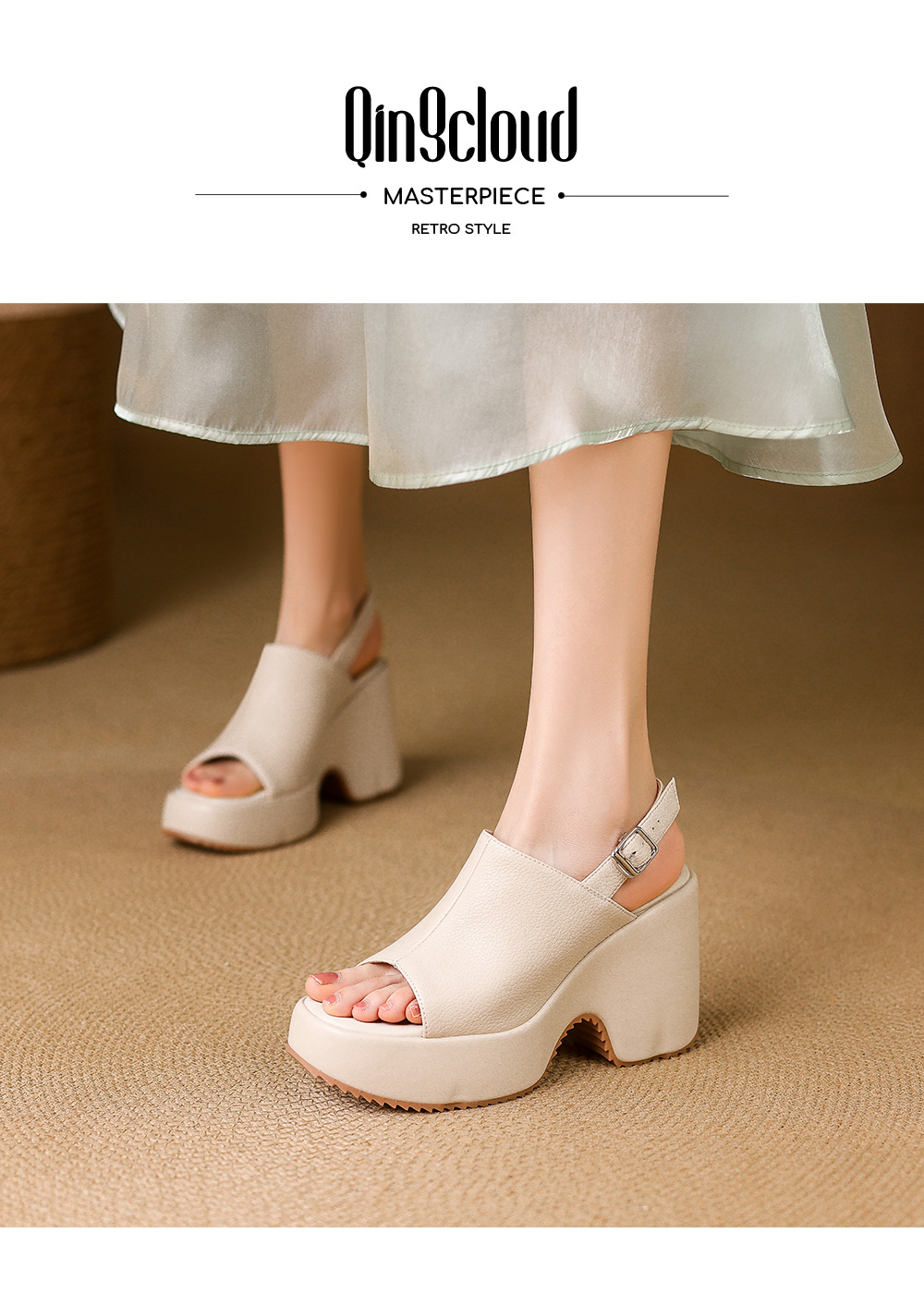 Sandal cao gót nữ hở mũi đế dày quai ngang khóa một chữ — màu trắng ngà, màu mơ chi tiết 2