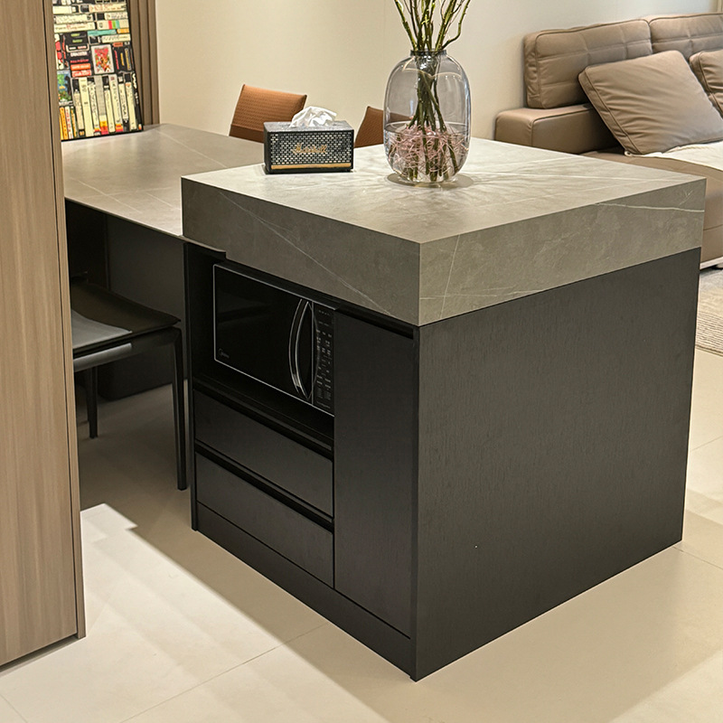 Ventana mirador, plataforma de isla única, mesa de comedor contra la pared, gabinete integrado, losa de roca multifuncional, plataforma de guía central separada, venta directa de fábrica de piedra de lujo
